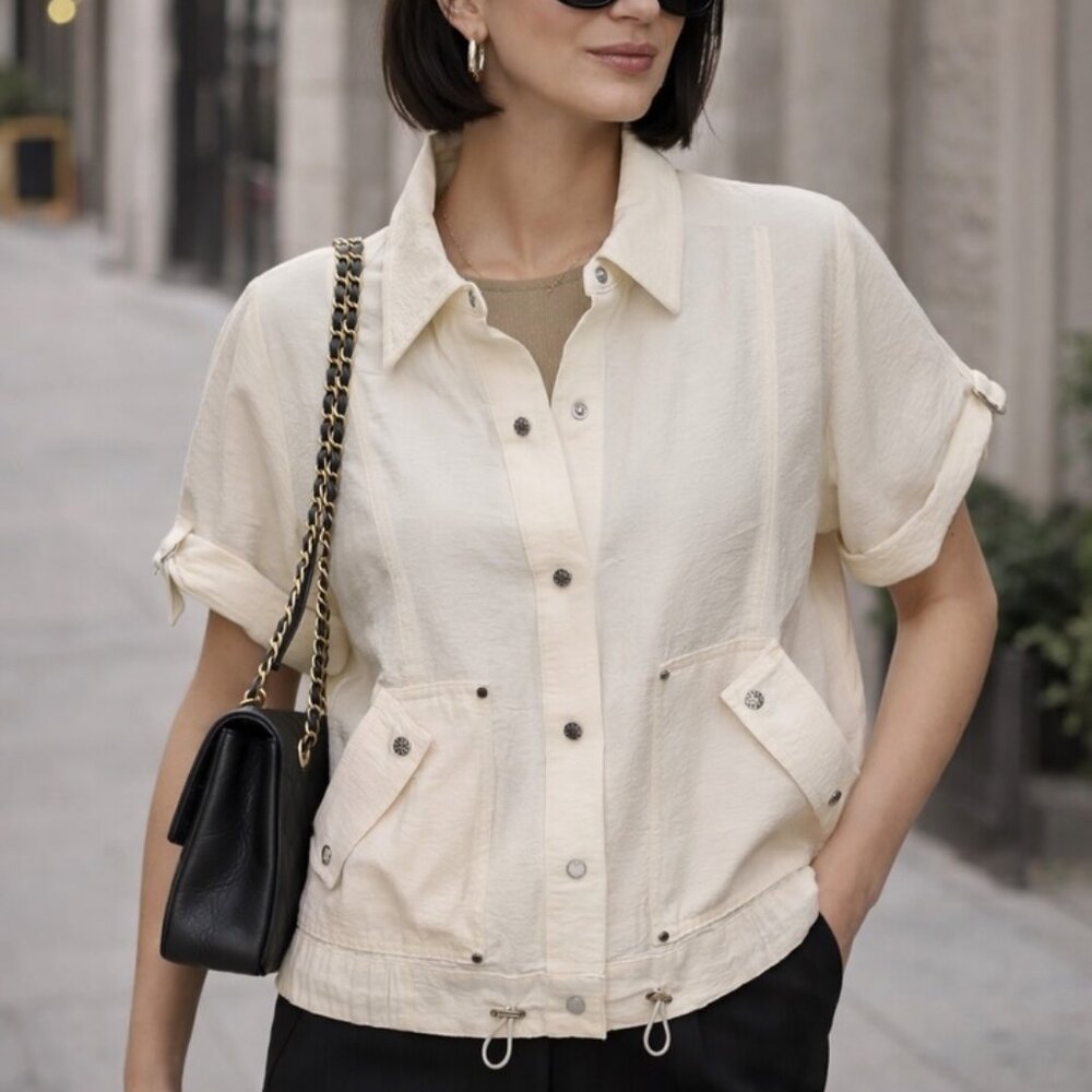 DKNY Utility Jacket Top Coconut Cream Short Sleeve Drawstring Hem NWT M